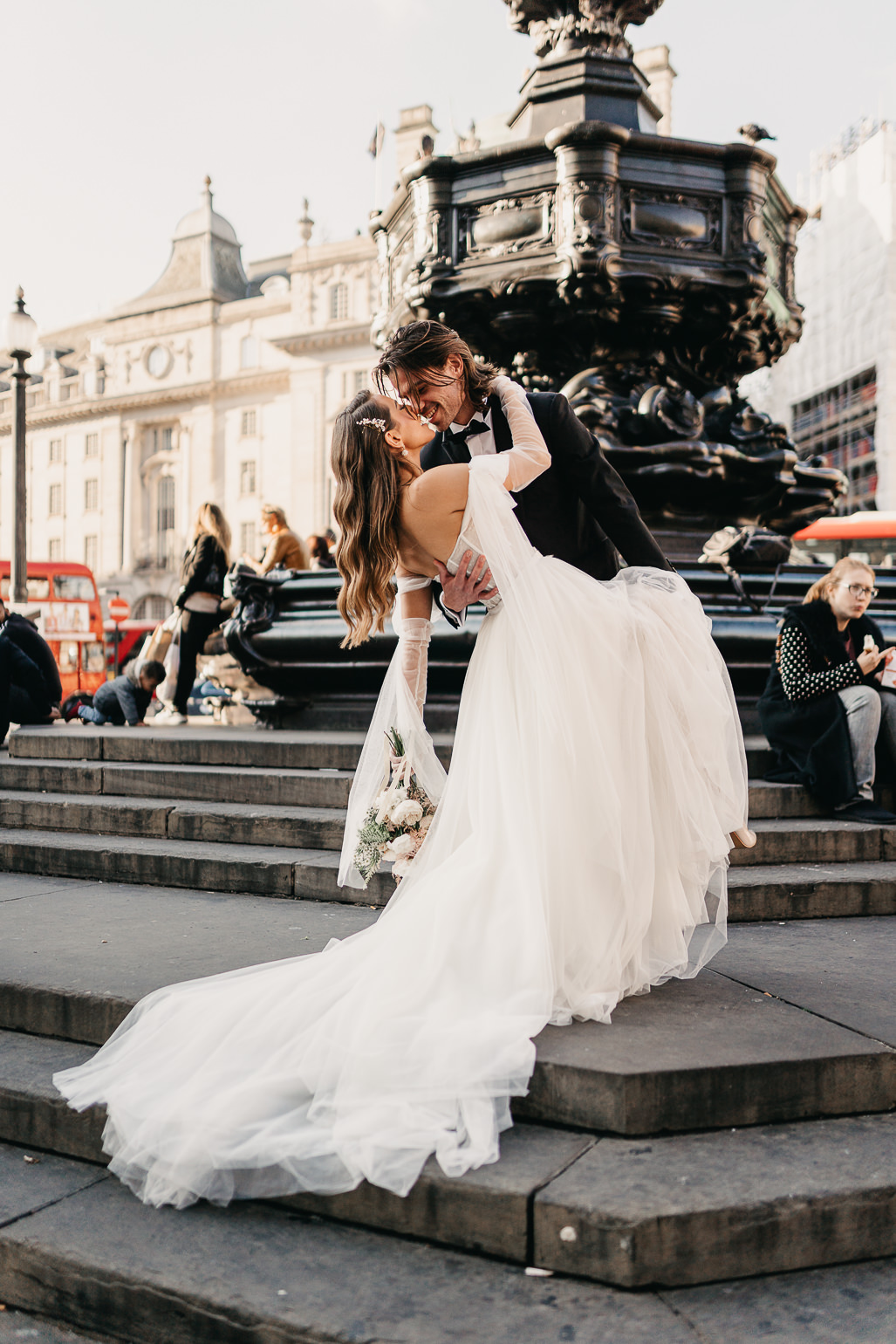 Piccadilly circus wedding photos, Monreal Bridal 'Tina' Wedding Dress, black tie london wedding