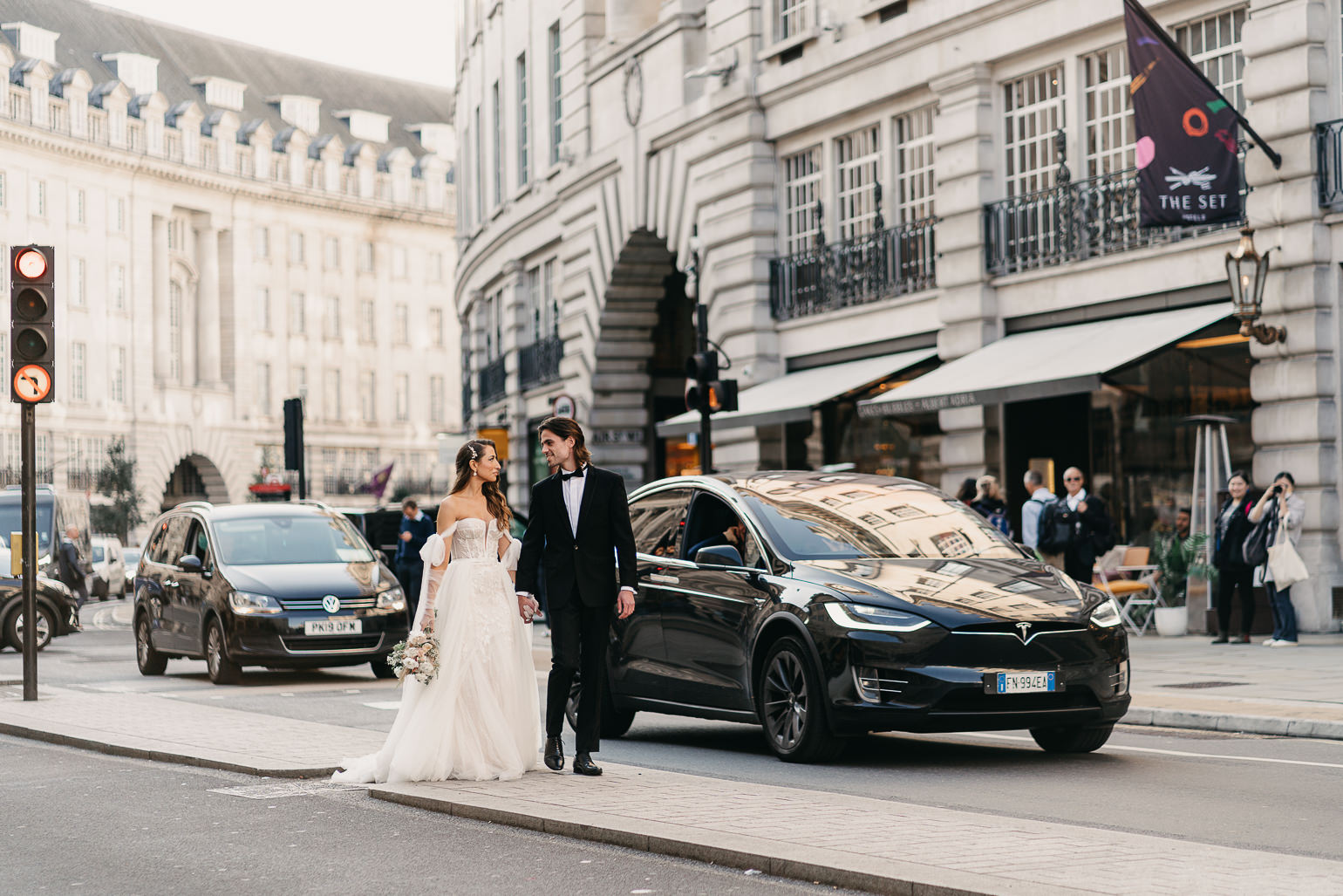 regent street wedding photos, Monreal Bridal 'Tina' Wedding Dress, black tie london wedding