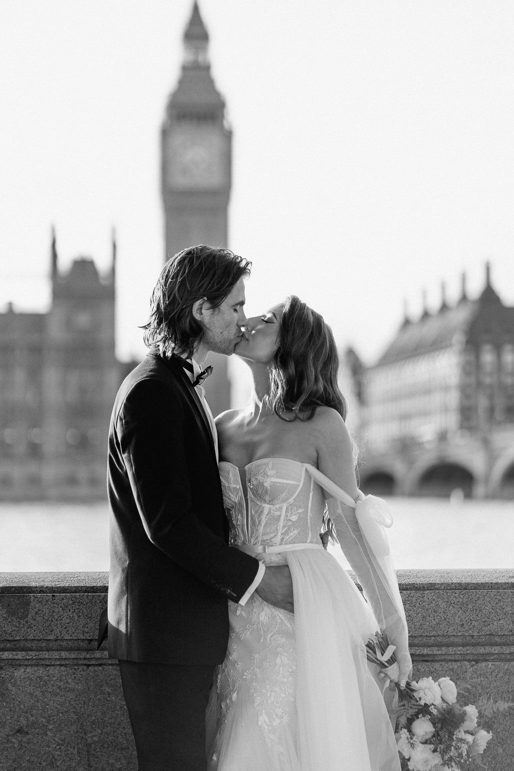 Westminster bridge wedding photos, golden hour wedding photos, Monreal Bridal 'Tina' Wedding Dress, black tie london wedding