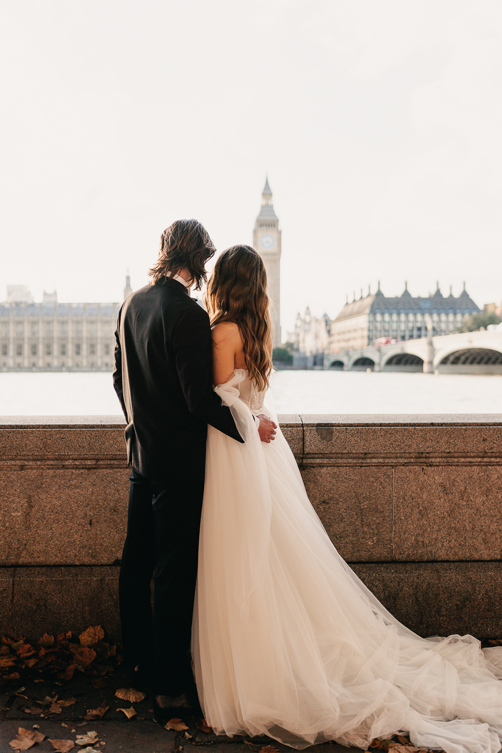 Westminster bridge wedding photos, golden hour wedding photos, Monreal Bridal 'Tina' Wedding Dress, black tie london wedding