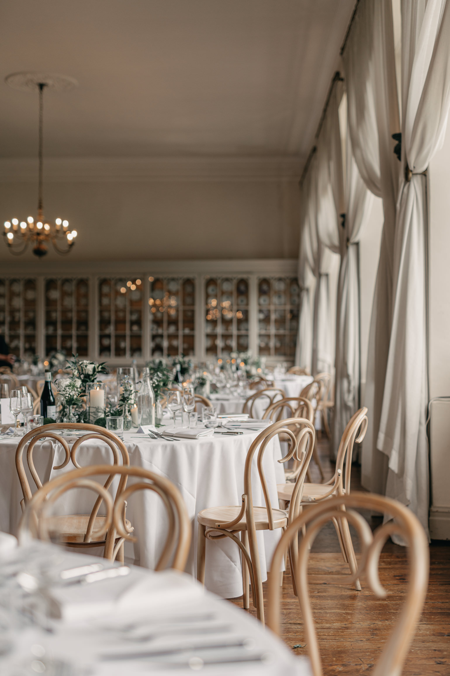 blue floral wedding tables, brympton house ballroom wedding breakfast, somerset wedding venue, manor house wedding venue