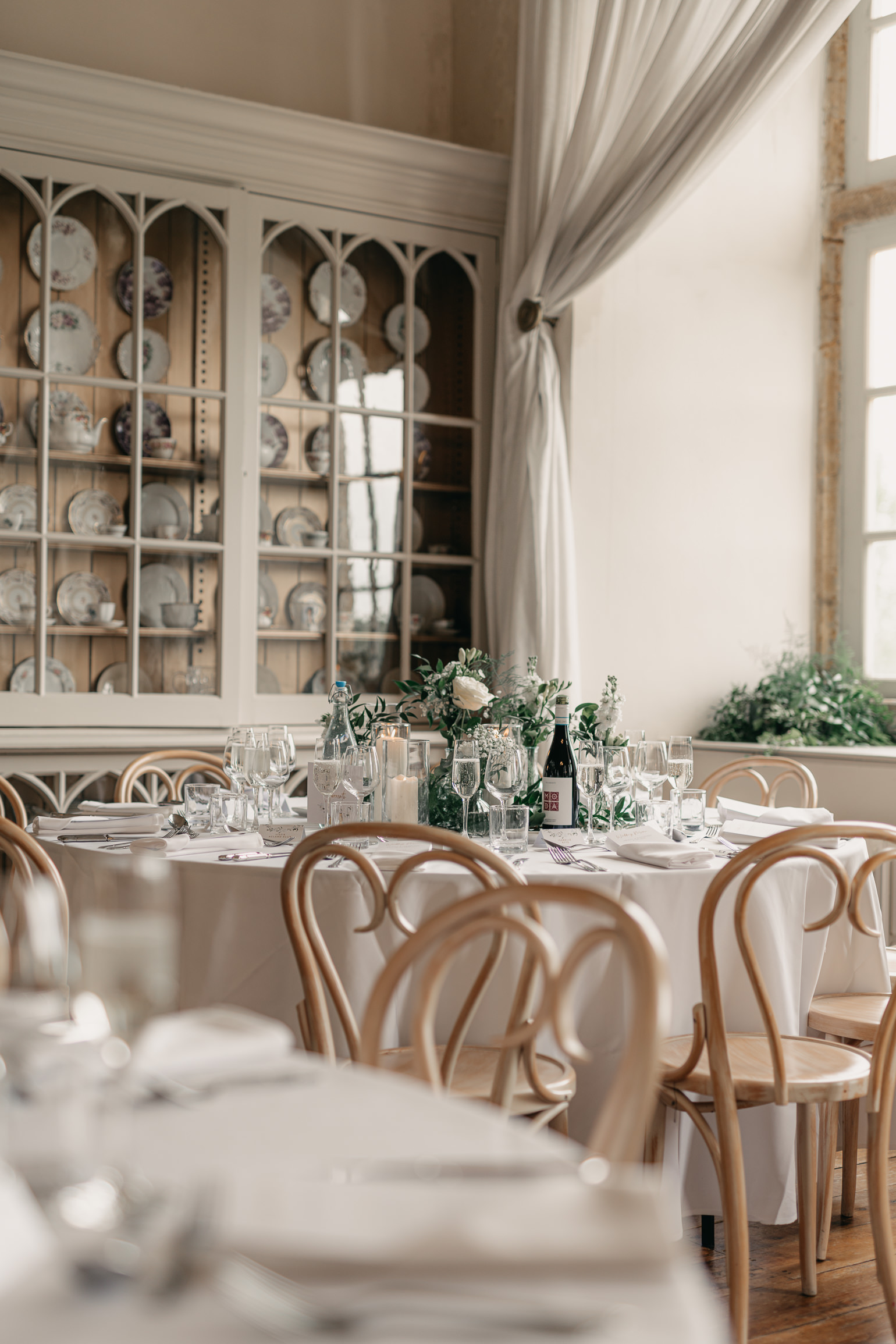 blue floral wedding tables, brympton house ballroom wedding breakfast, somerset wedding venue, manor house wedding venue