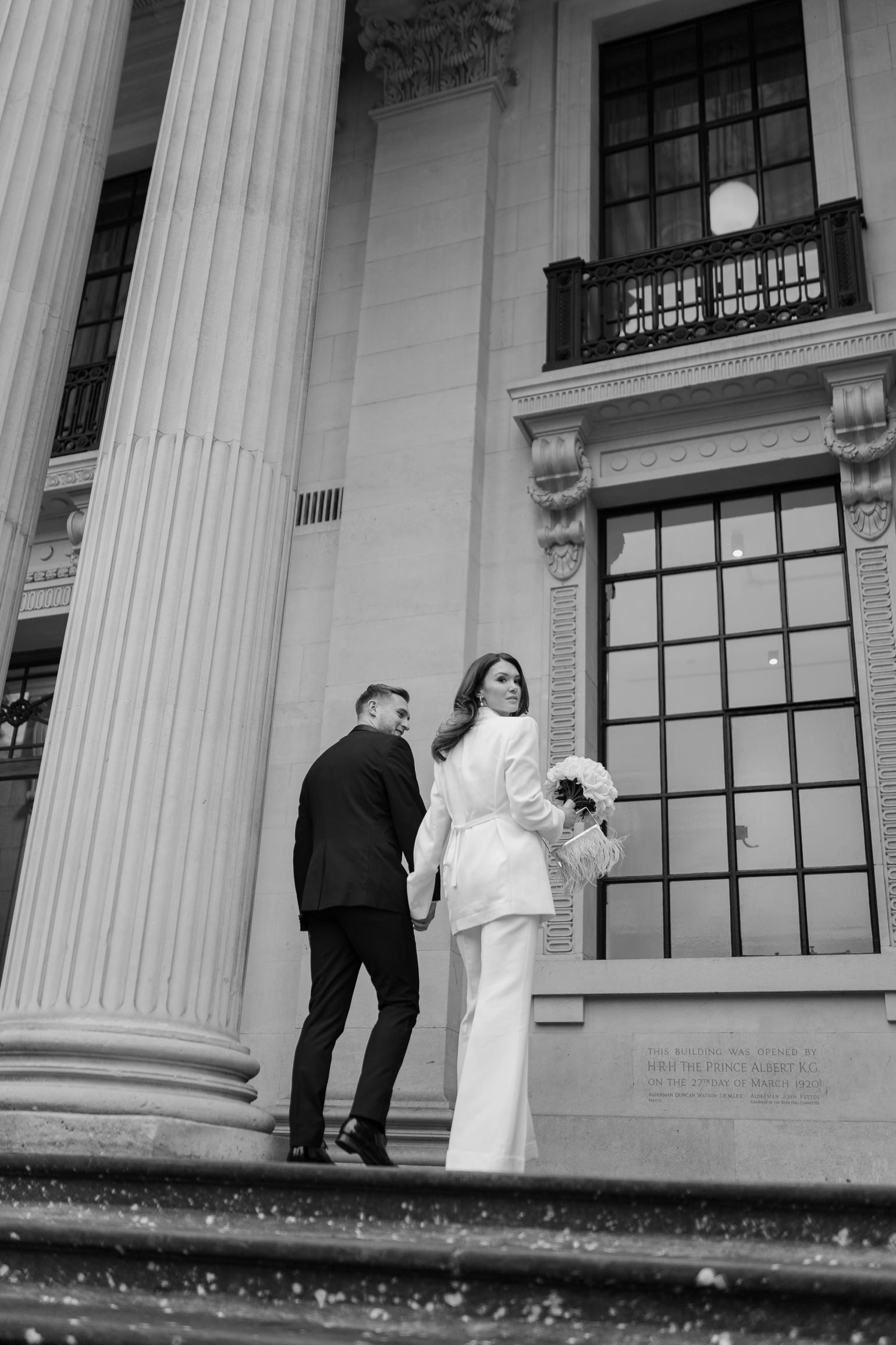 Black-tie London Marylebone town hall ceremony with Victoria Beckham bridal suit. London wedding photographer, london town hall wedding 