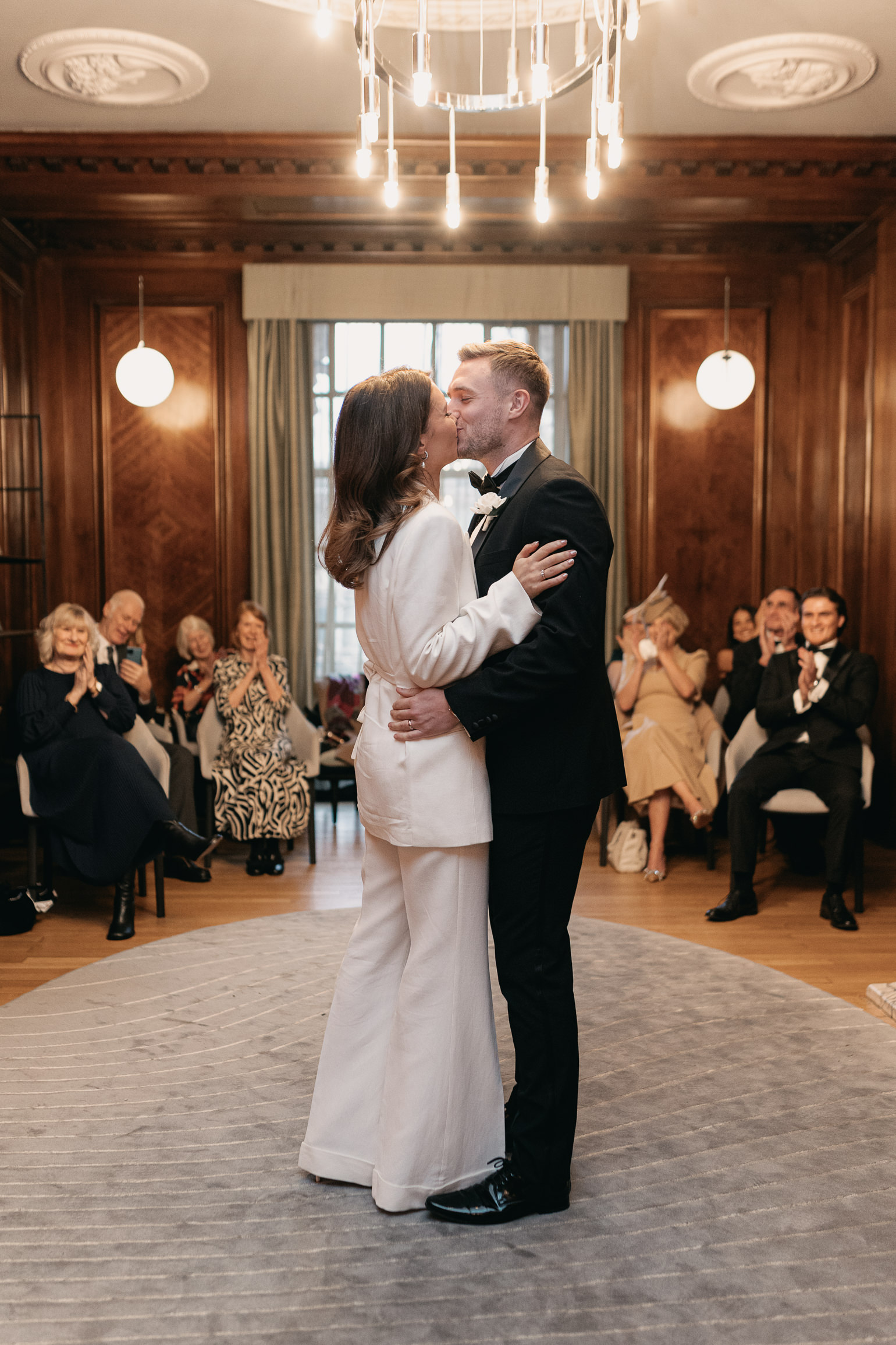 London town hall ceremony in the Marylebone Room with Victoria Beckham bridal suit. london wedding photographer, black-tie editorial London Wedding 