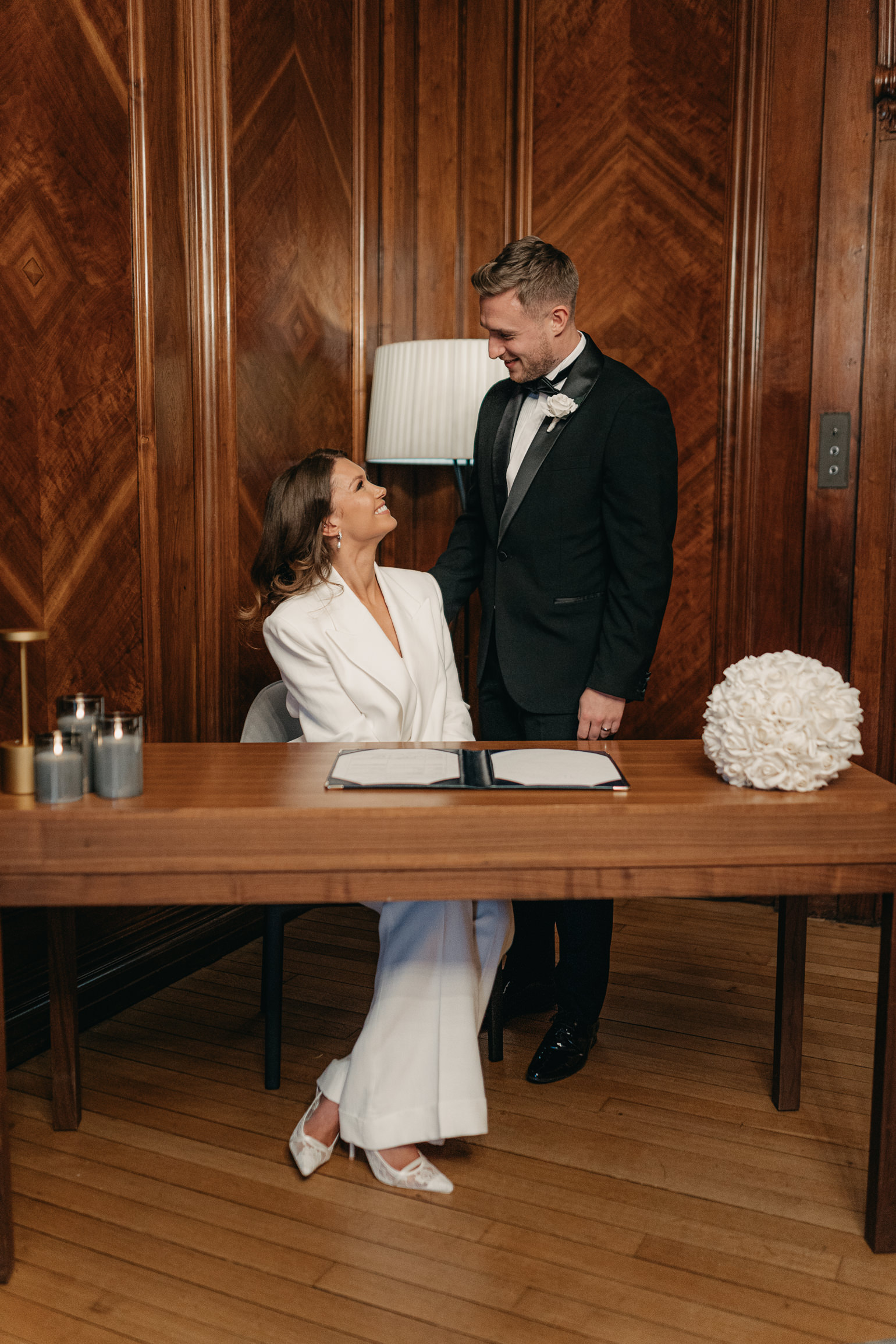 London town hall ceremony in the Marylebone Room with Victoria Beckham bridal suit. london wedding photographer, black-tie editorial London Wedding 