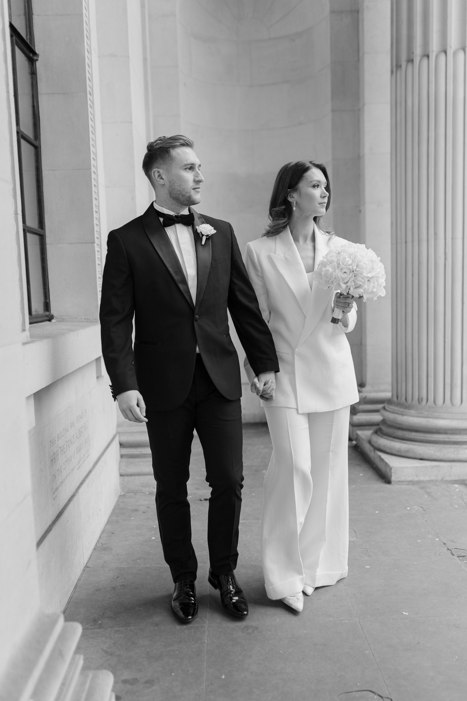 black-tie editoral wedding photos on the steps of Marylebone Town Hall. London wedding photographer, London elopement photographer