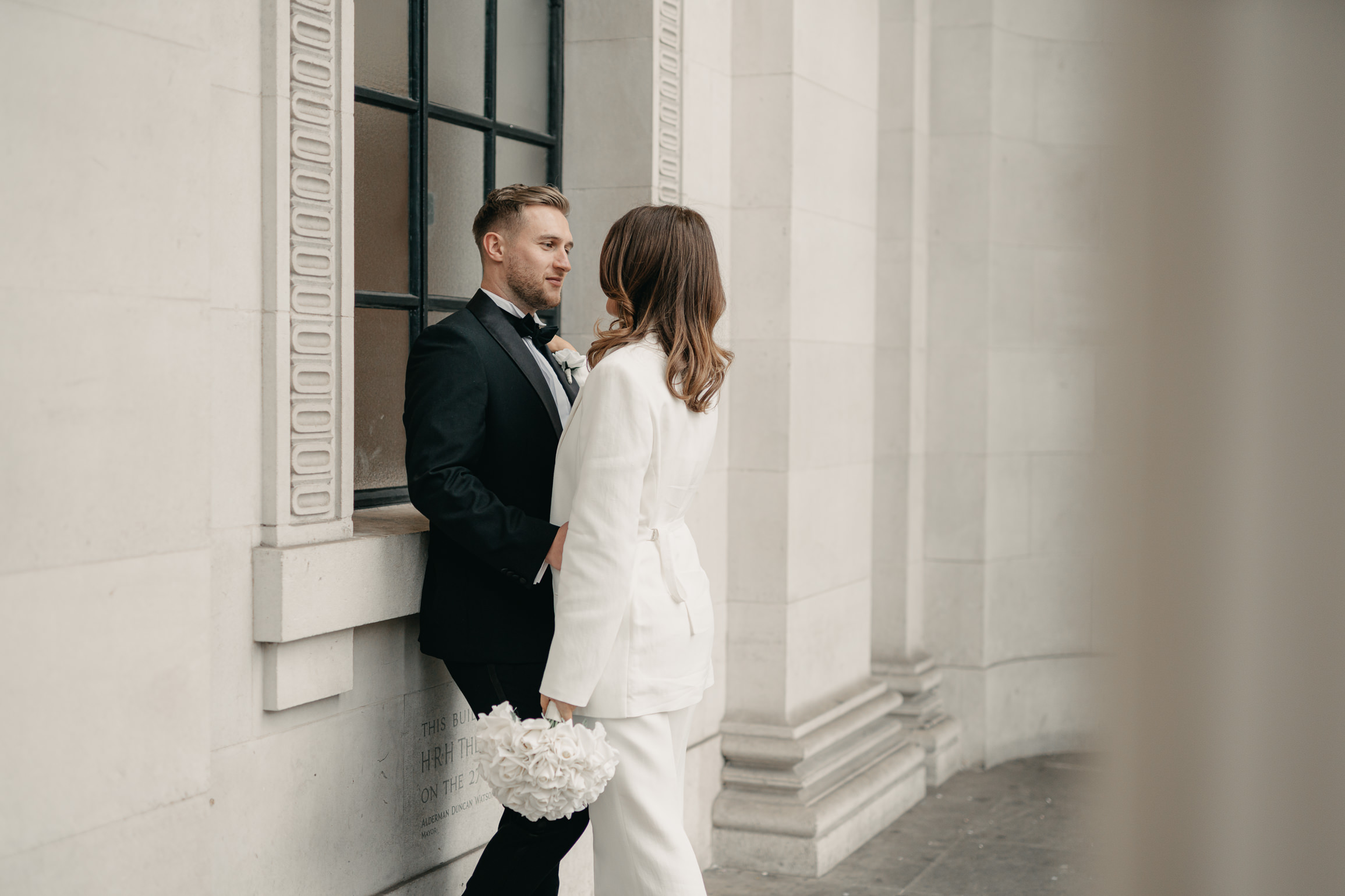 black-tie editoral wedding photos on the steps of Marylebone Town Hall. London wedding photographer, London elopement photographer